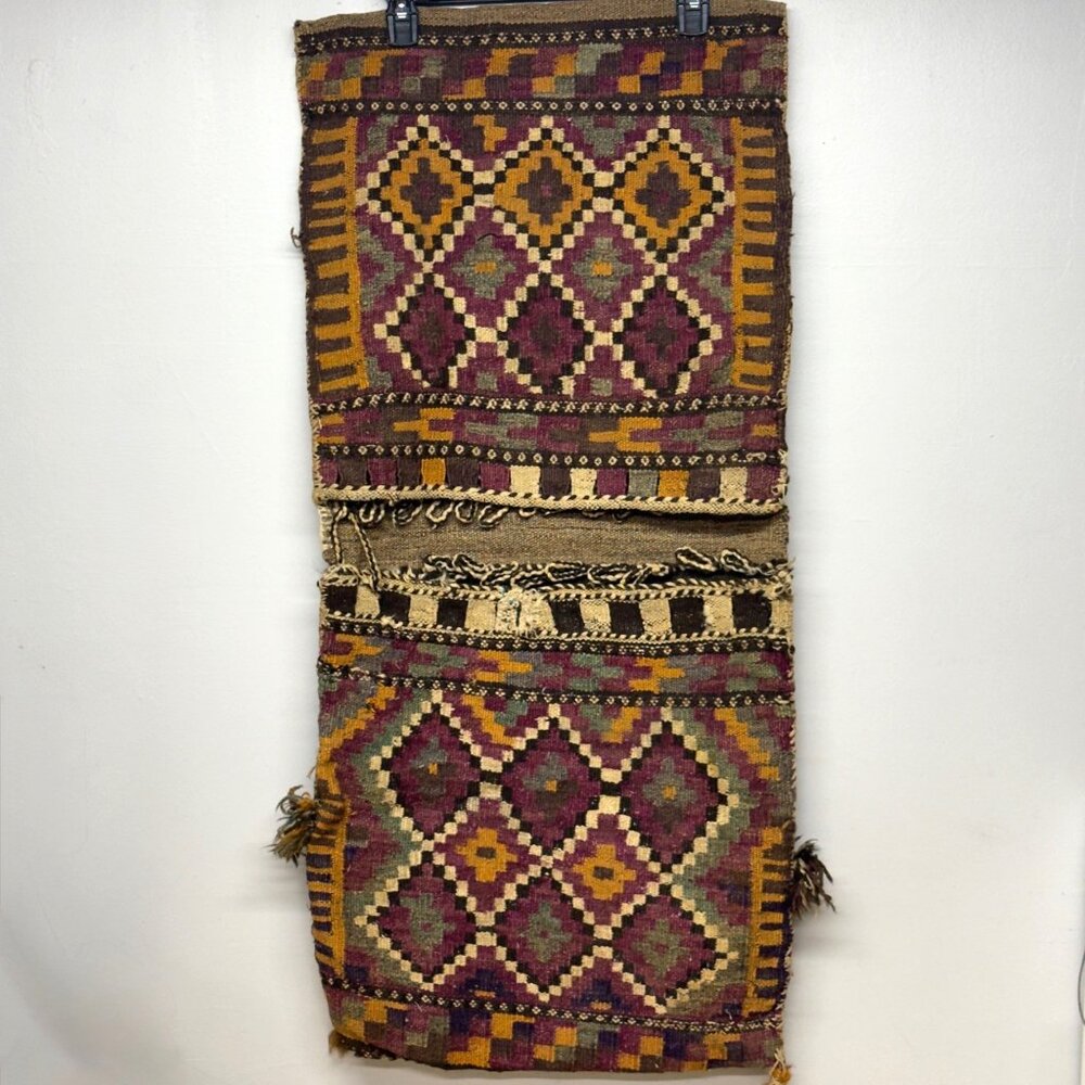 Antique Hand Woven Wool Camel Saddle Bag Double Kilim Wall Hanging Decor 36 x 18